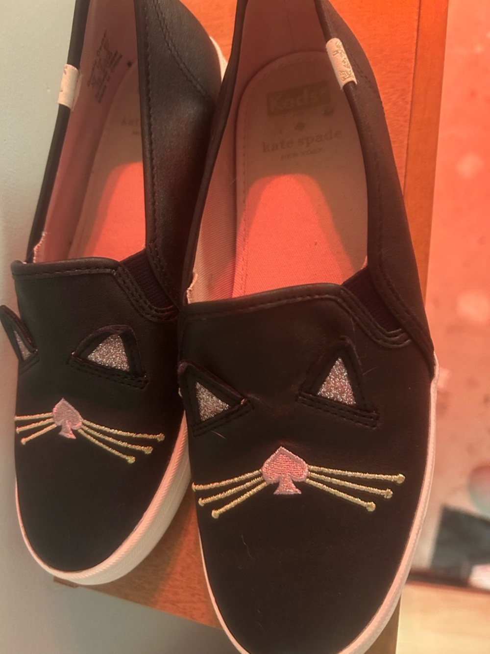 kate spade Black Cat Slip-On Kids Sneakers with Glitter Ears Keds